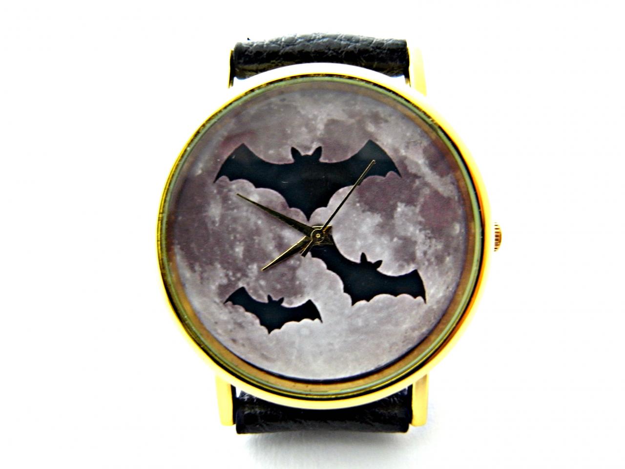 Bat And Moon Leather Wrist Watches, Woman Man Lady Unisex Watch, Genuine Leather Handmade Unique Watch #28