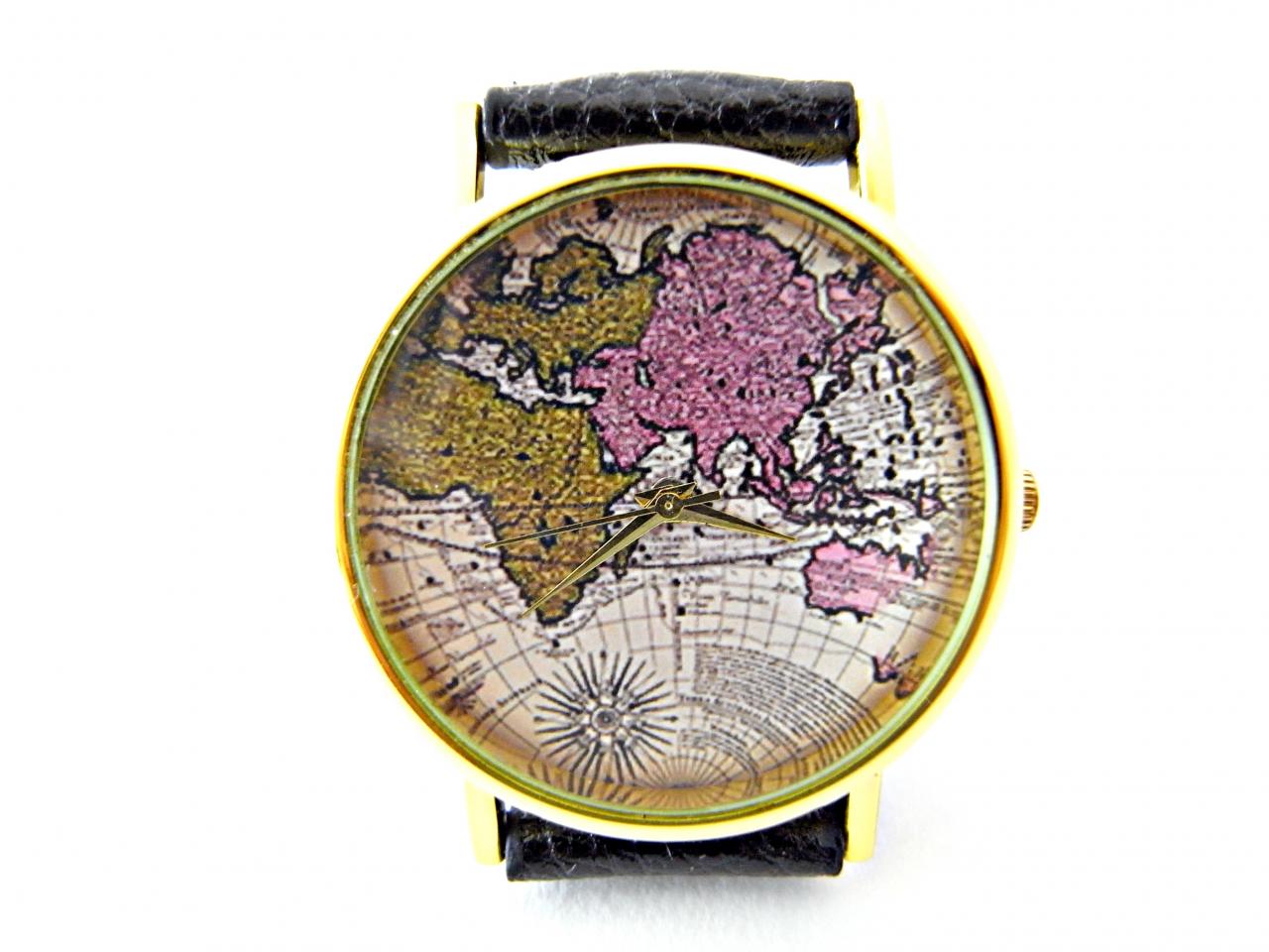 World Map Leather Wrist Watches, Woman Man Lady Unisex Watch, Genuine Leather Handmade Unique Watch #29