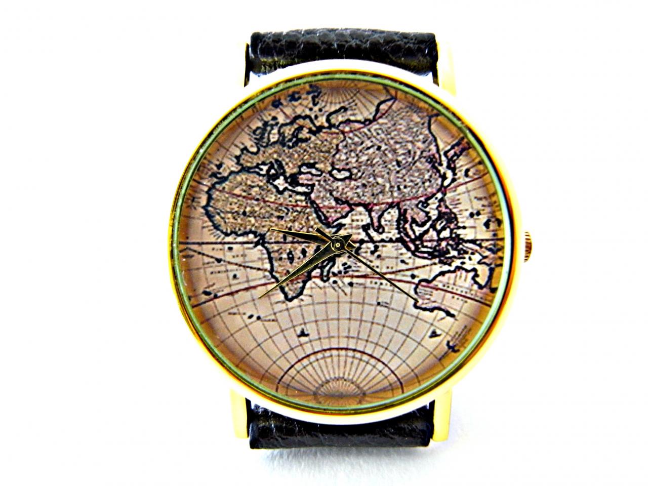 World Map Leather Wrist Watches, Woman Man Lady Unisex Watch, Genuine Leather Handmade Unique Watch #30