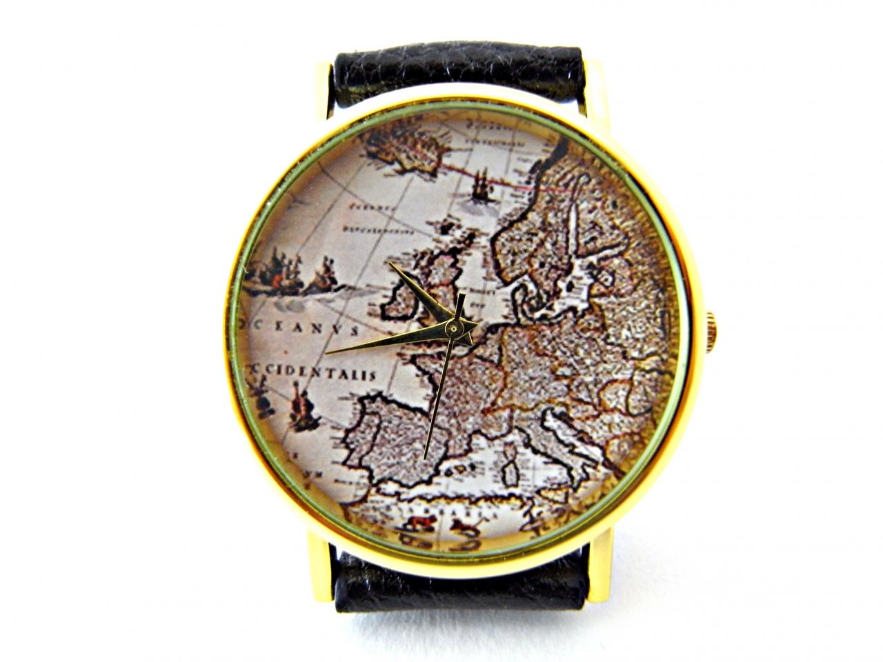 World Map Leather Wrist Watches, Woman Man Lady Unisex Watch, Genuine Leather Handmade Unique Watch #31