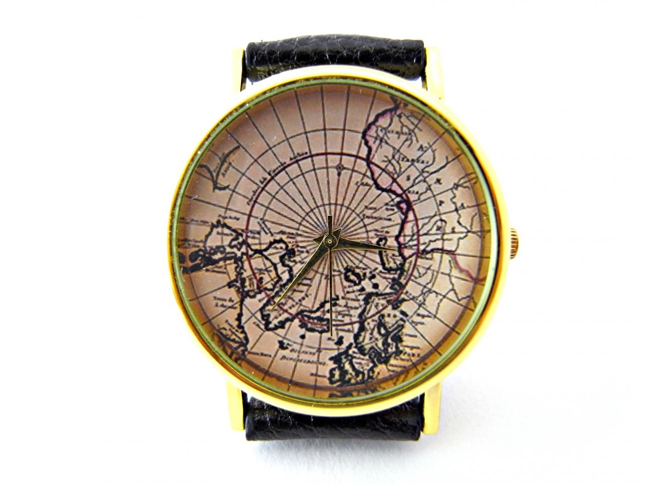 World Map Leather Wrist Watches, Woman Man Lady Unisex Watch, Genuine Leather Handmade Unique Watch #32