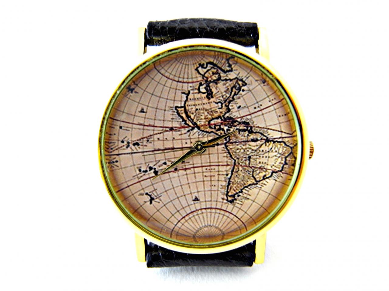 World Map Leather Wrist Watches, Woman Man Lady Unisex Watch, Genuine Leather Handmade Unique Watch #33