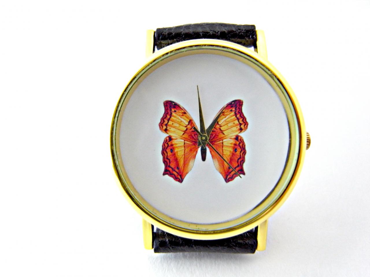 Butterfly Leather Wrist Watches, Woman Man Lady Unisex Watch, Genuine Leather Handmade Unique Watch #36
