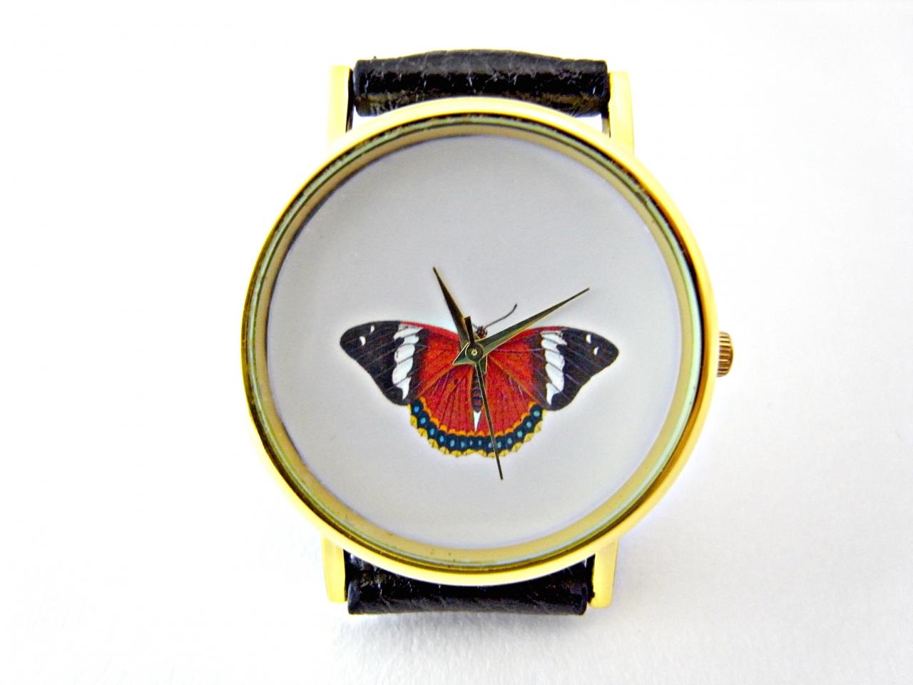 Butterfly Leather Wrist Watches, Woman Man Lady Unisex Watch, Genuine Leather Handmade Unique Watch #37