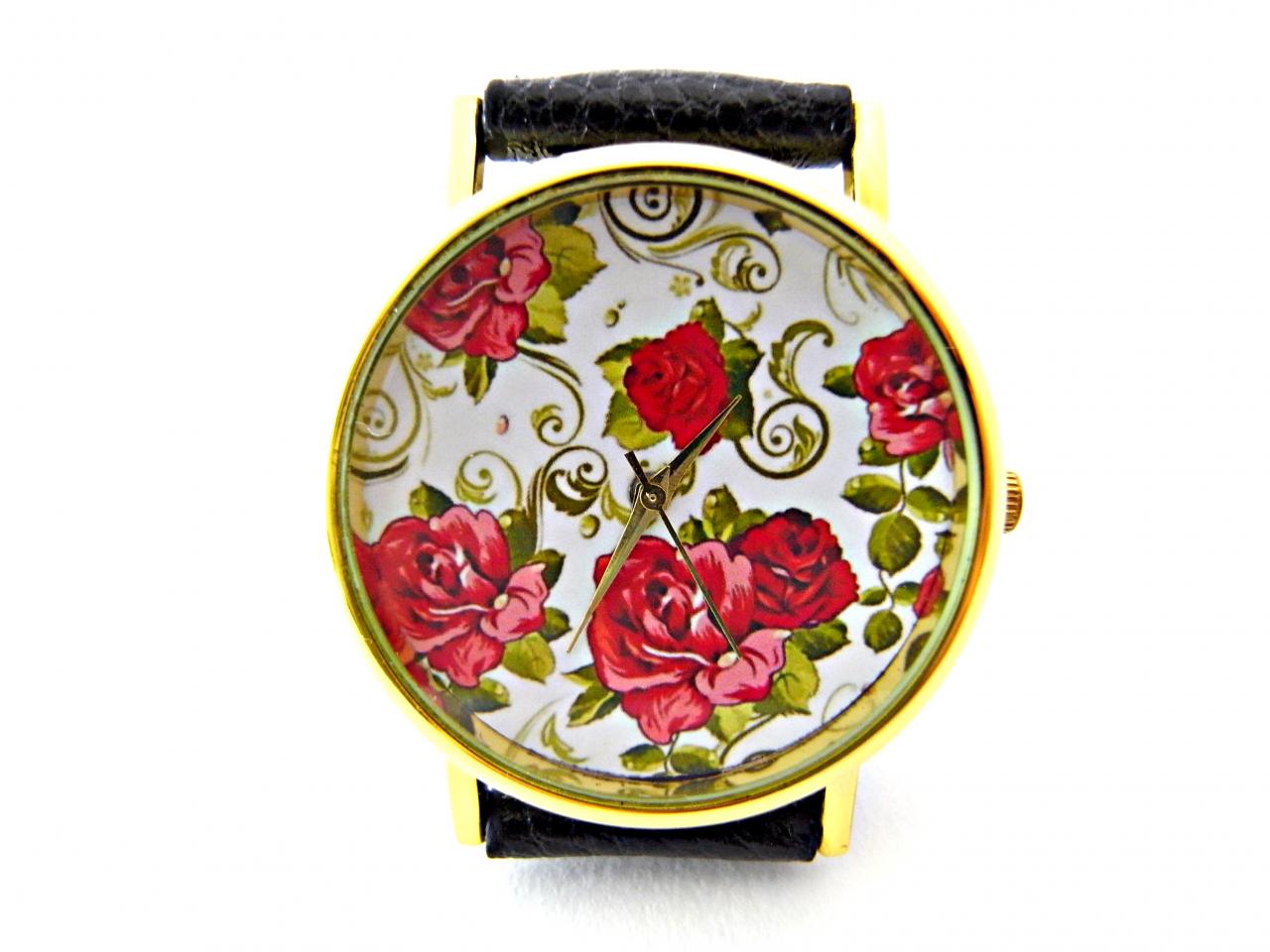 Flower Leather Wrist Watches, Woman Man Lady Unisex Watch, Genuine Leather Handmade Unique Watch #39
