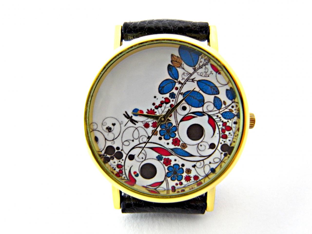 Flower Leather Wrist Watches, Woman Man Lady Unisex Watch, Genuine Leather Handmade Unique Watch #40