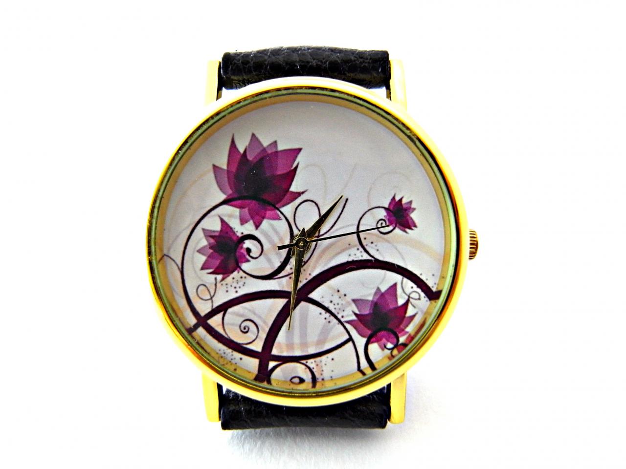 Flower Leather Wrist Watches, Woman Man Lady Unisex Watch, Genuine Leather Handmade Unique Watch #42
