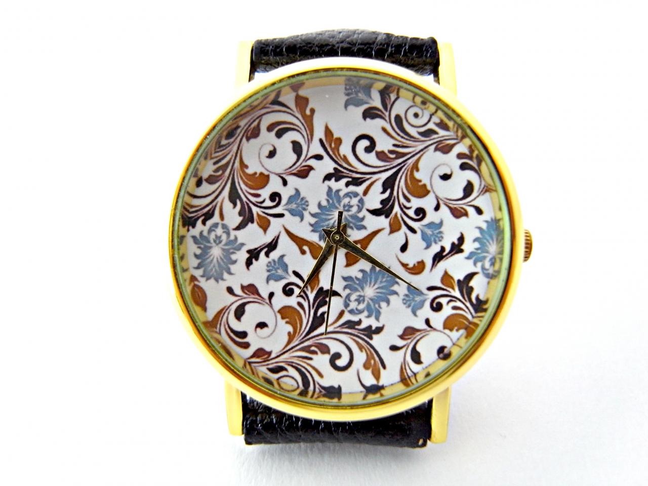 Flower Leather Wrist Watches, Woman Man Lady Unisex Watch, Genuine Leather Handmade Unique Watch #44