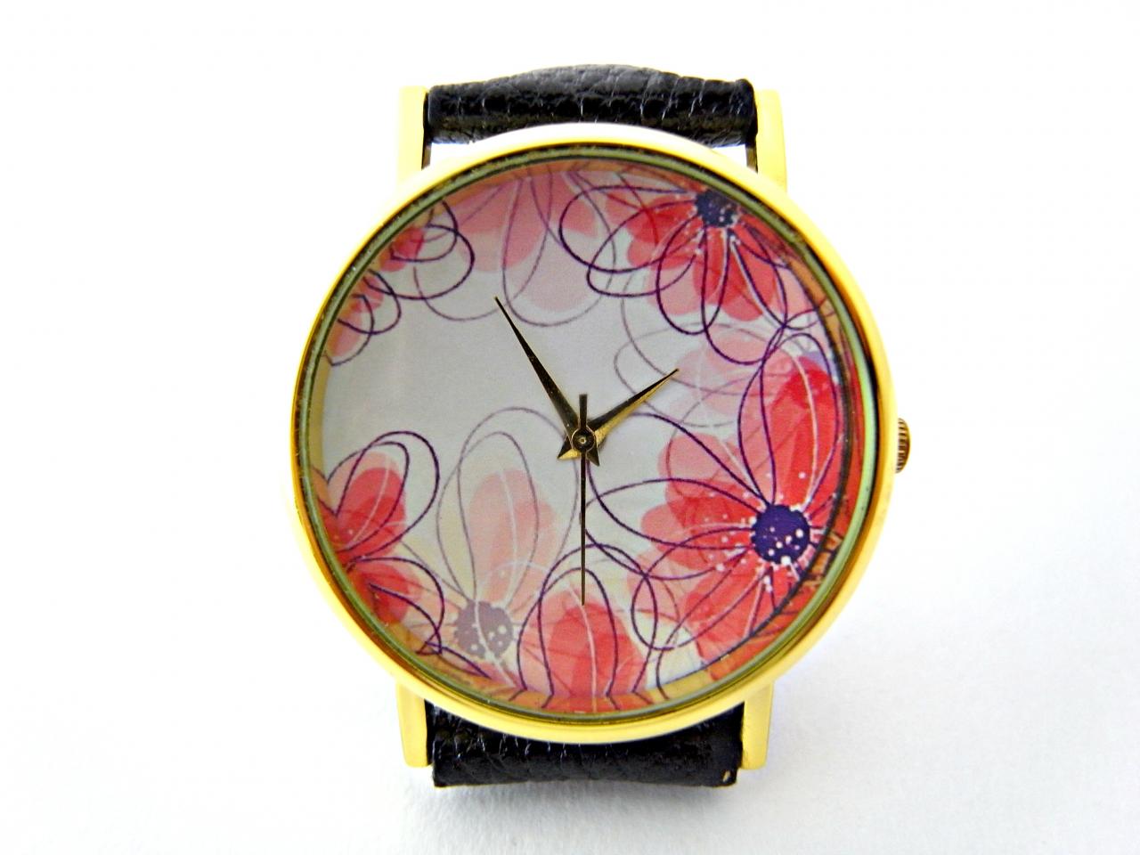 Flower Leather Wrist Watches, Woman Man Lady Unisex Watch, Genuine Leather Handmade Unique Watch #45