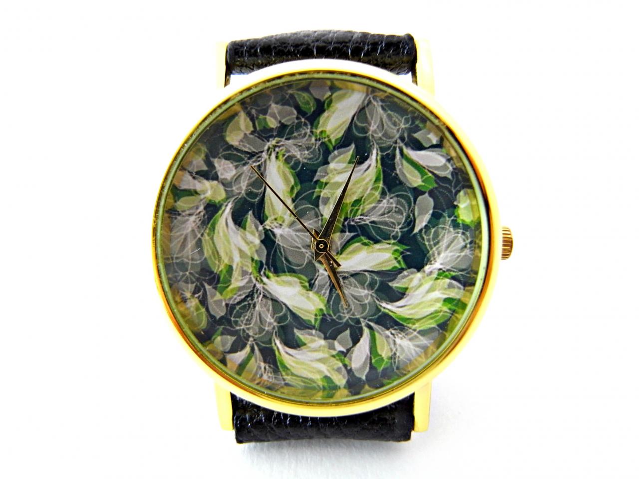 Leaf Leather Wrist Watches, Woman Man Lady Unisex Watch, Genuine Leather Handmade Unique Watch #46