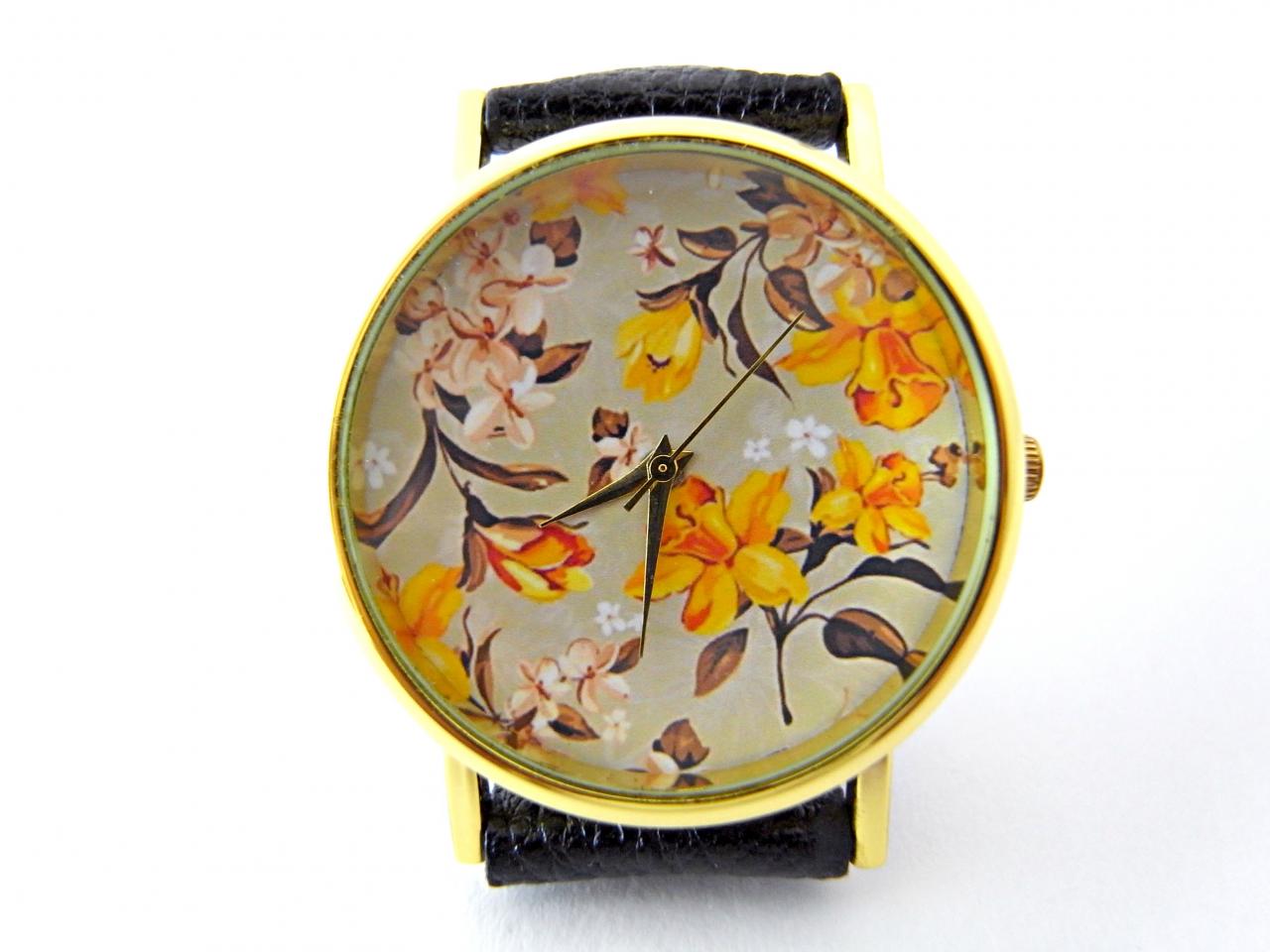 Flower Leather Wrist Watches, Woman Man Lady Unisex Watch, Genuine Leather Handmade Unique Watch #48
