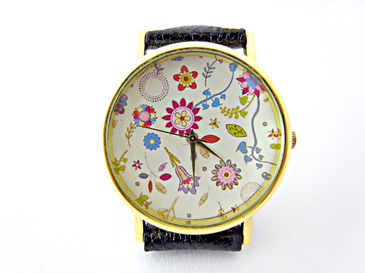 Flower Leather Wrist Watches, Woman Man Lady Unisex Watch, Genuine Leather Handmade Unique Watch #49