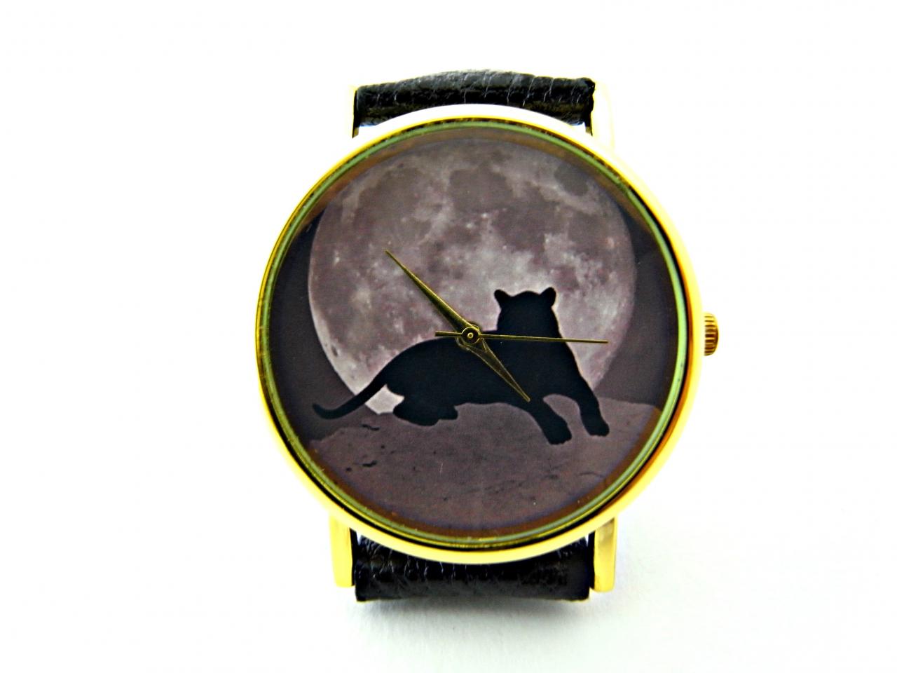 Tiger And Moon Leather Wrist Watches, Woman Man Lady Unisex Watch, Genuine Leather Handmade Unique Watch #51