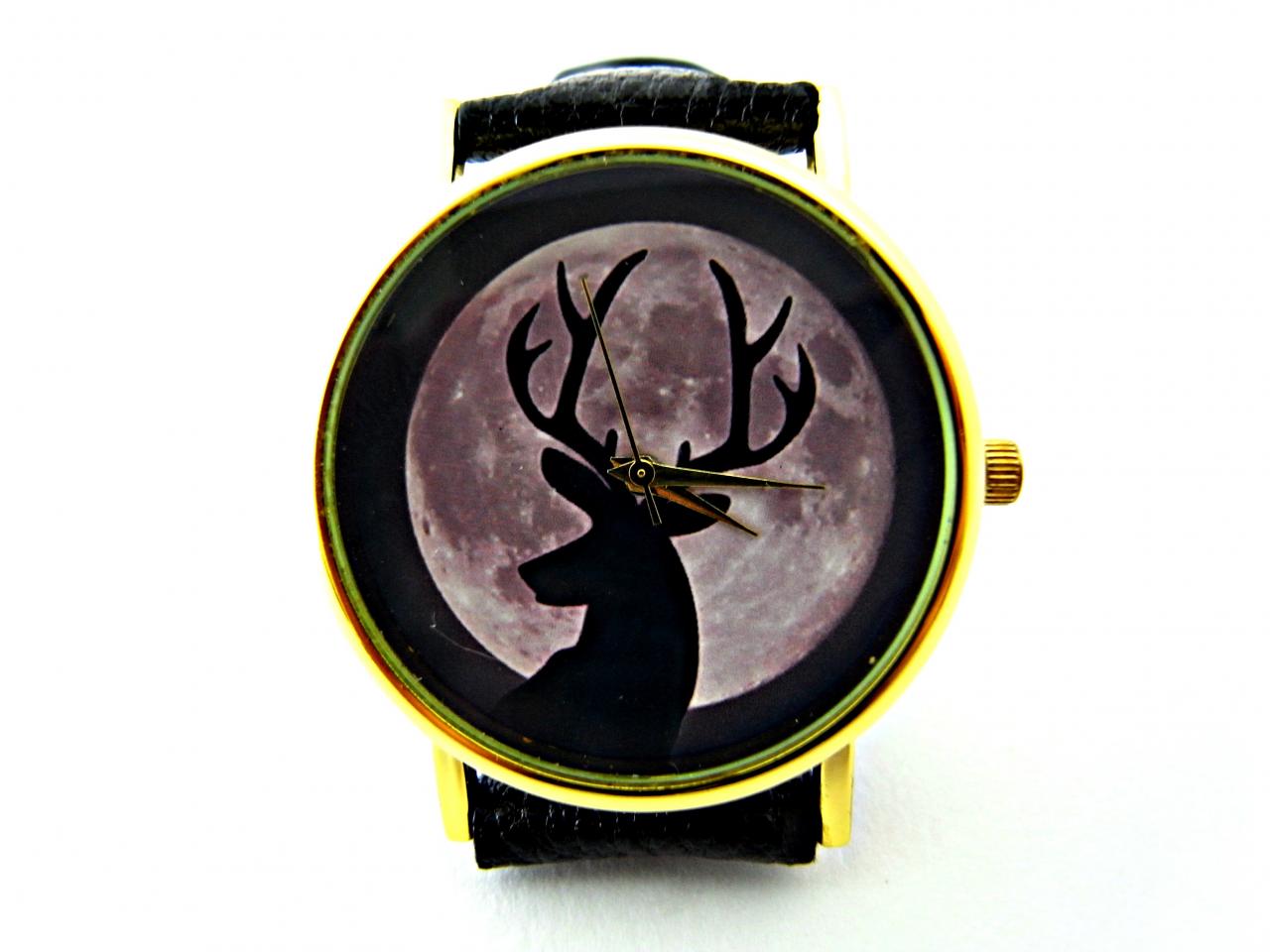 Deer And Moon Leather Wrist Watches, Woman Man Lady Unisex Watch, Genuine Leather Handmade Unique Watch #52