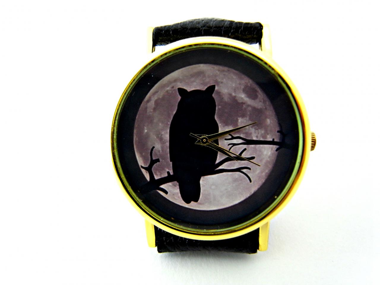 Owl And Moon Leather Wrist Watches, Woman Man Lady Unisex Watch, Genuine Leather Handmade Unique Watch #53
