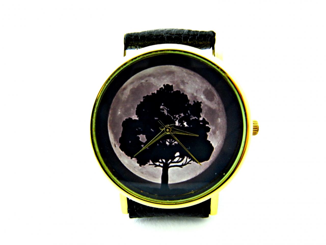 Tree And Moon Leather Wrist Watches, Woman Man Lady Unisex Watch, Genuine Leather Handmade Unique Watch #54