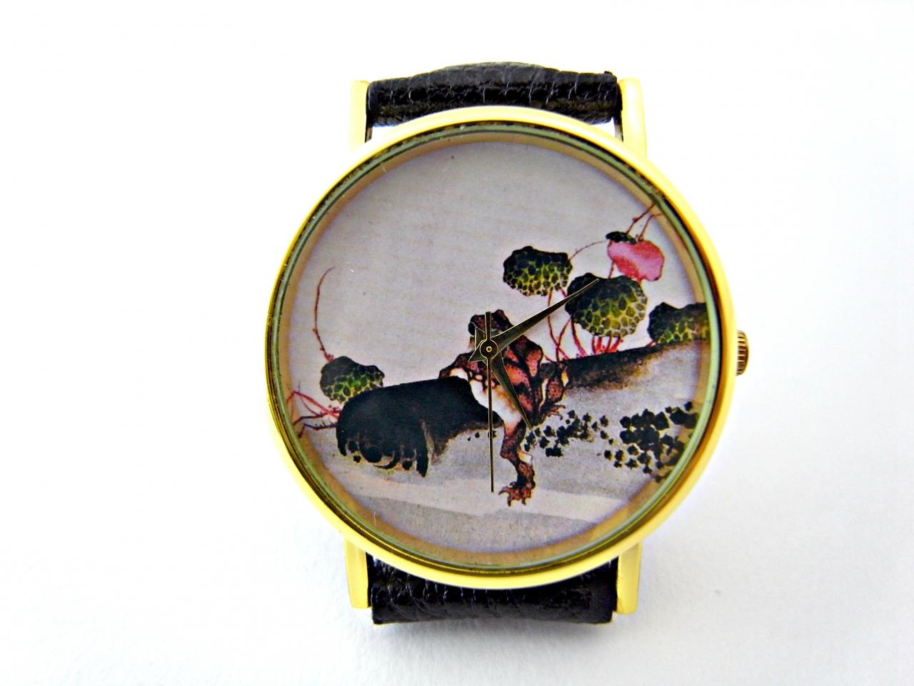 Frog Leather Wrist Watches, Woman Man Lady Unisex Watch, Genuine Leather Handmade Unique Watch #61