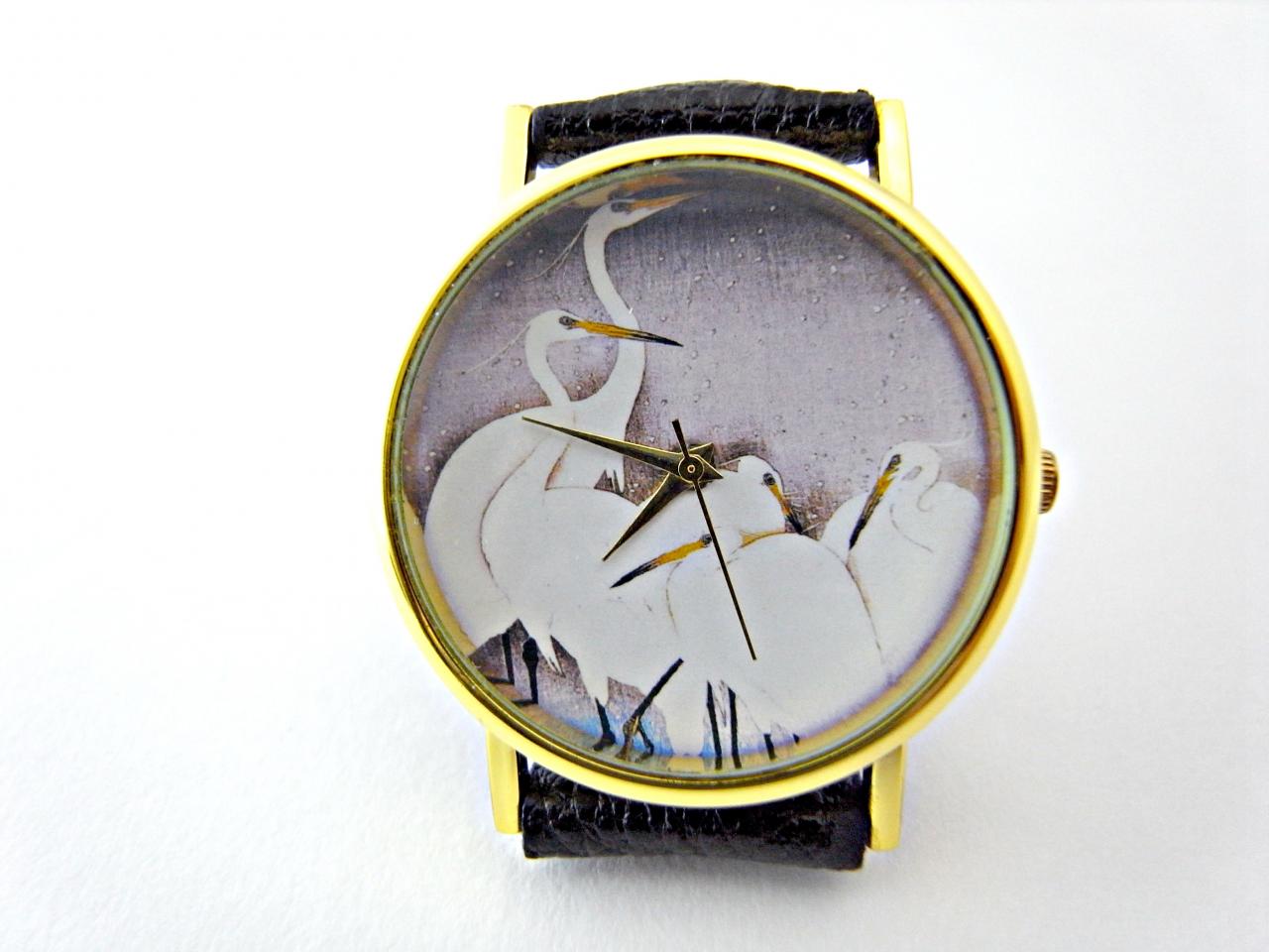 Swan Leather Wrist Watches, Woman Man Lady Unisex Watch, Genuine Leather Handmade Unique Watch #62
