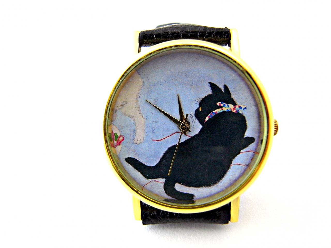 Cat Leather Wrist Watches, Woman Man Lady Unisex Watch, Genuine Leather Handmade Unique Watch #63