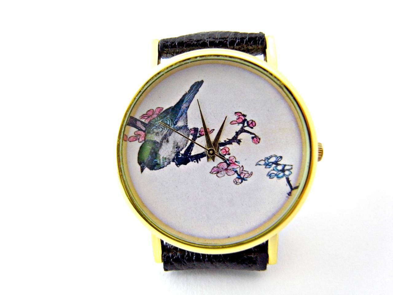 Bird Leather Wrist Watches, Woman Man Lady Unisex Watch, Genuine Leather Handmade Unique Watch #64
