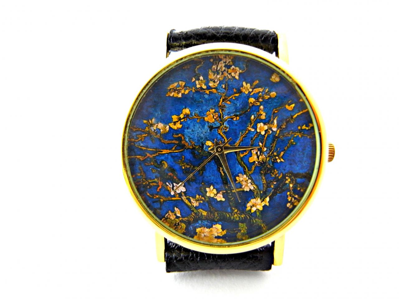 Almond Blossoms Watch, Van Gogh Art Leather Wrist Watch, Floral Watch, Woman Man Lady Unisex Watch, Genuine Leather Handmade Unique Watch #70