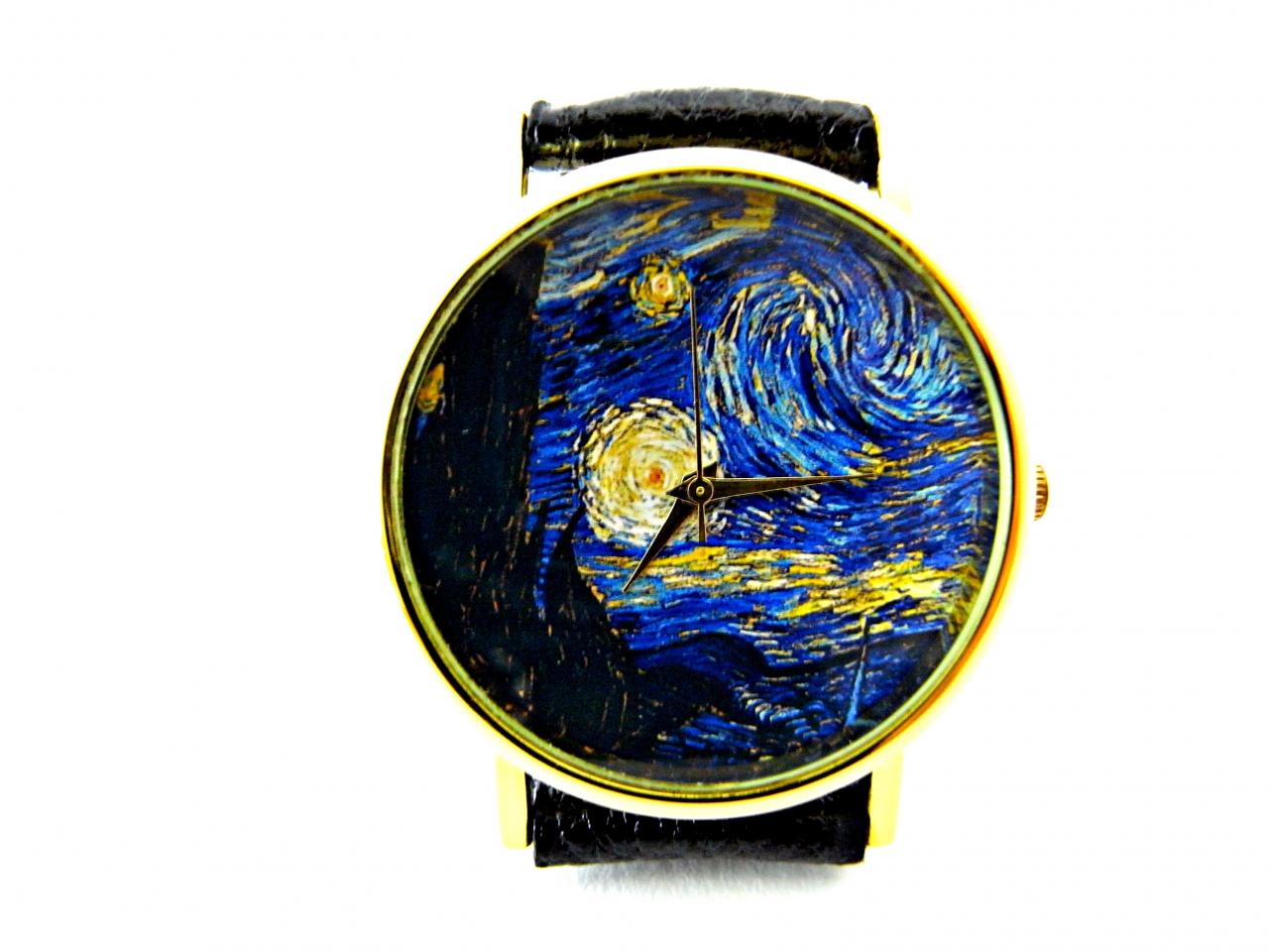 Starry Night Watch, Van Gogh Art Leather Wrist Watch, Woman Man Lady Unisex Watch, Genuine Leather Handmade Unique Watch #71