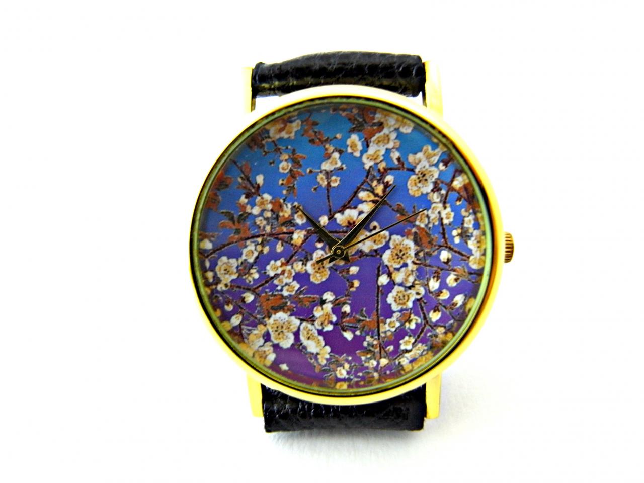 Cherry Blossoms Leather Wrist Watch, Floral Watch, Woman Man Lady Unisex Watch, Genuine Leather Handmade Unique Watch #75