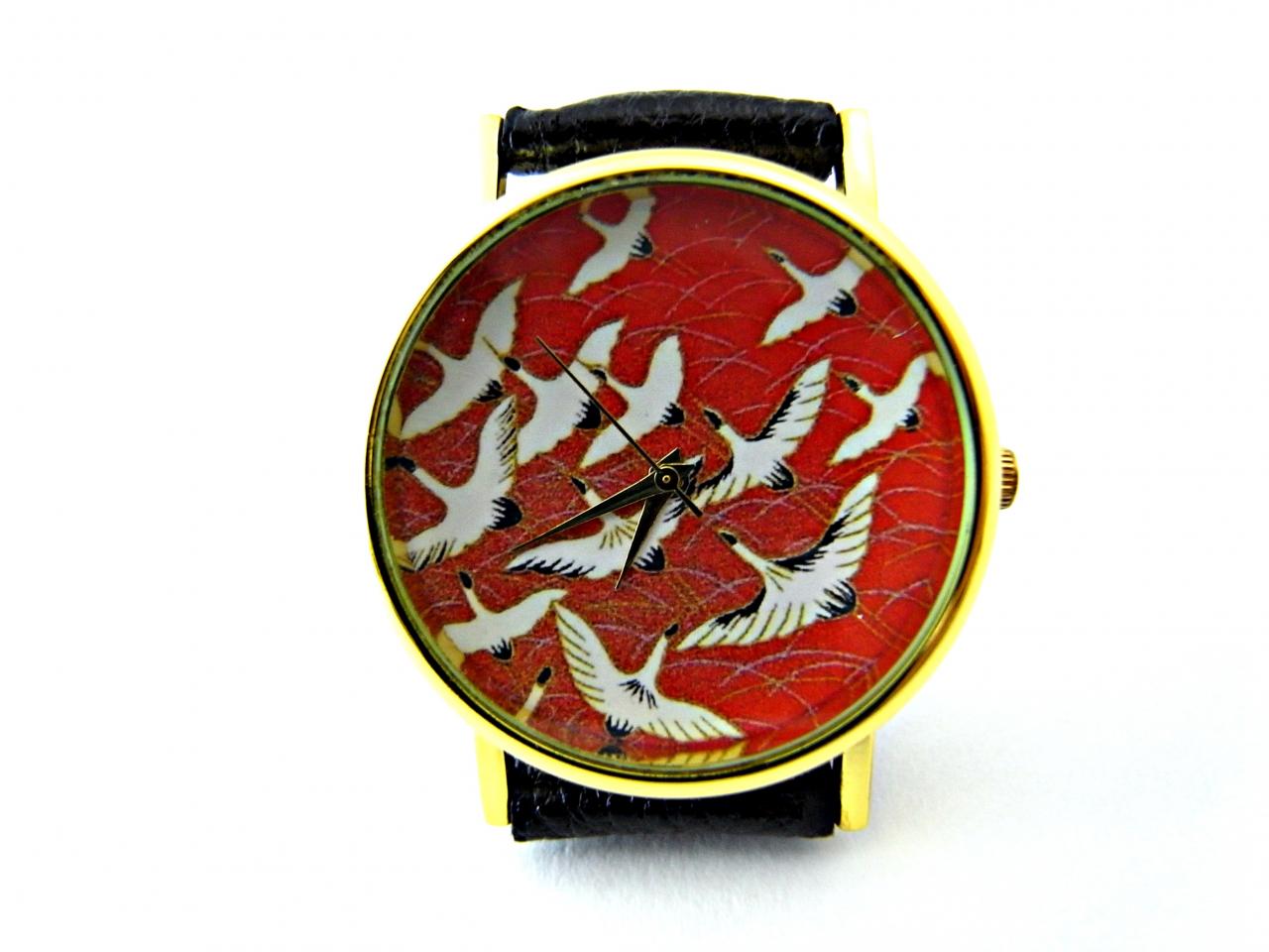Snow Geese Leather Wrist Watch, Japanese Art Watch, Woman Man Lady Unisex Watch, Genuine Leather Handmade Unique Watch #78