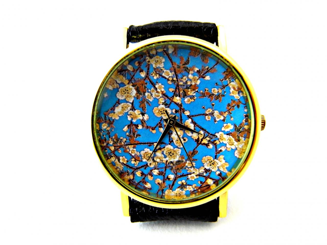 Cherry Blossoms Leather Wrist Watch, Floral Watch, Woman Man Lady Unisex Watch, Genuine Leather Handmade Unique Watch #79