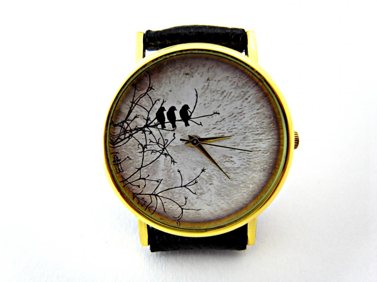 Bird And Moon Leather Wrist Watch, Woman Man Lady Unisex Watch, Genuine Leather Handmade Unique Watch #85