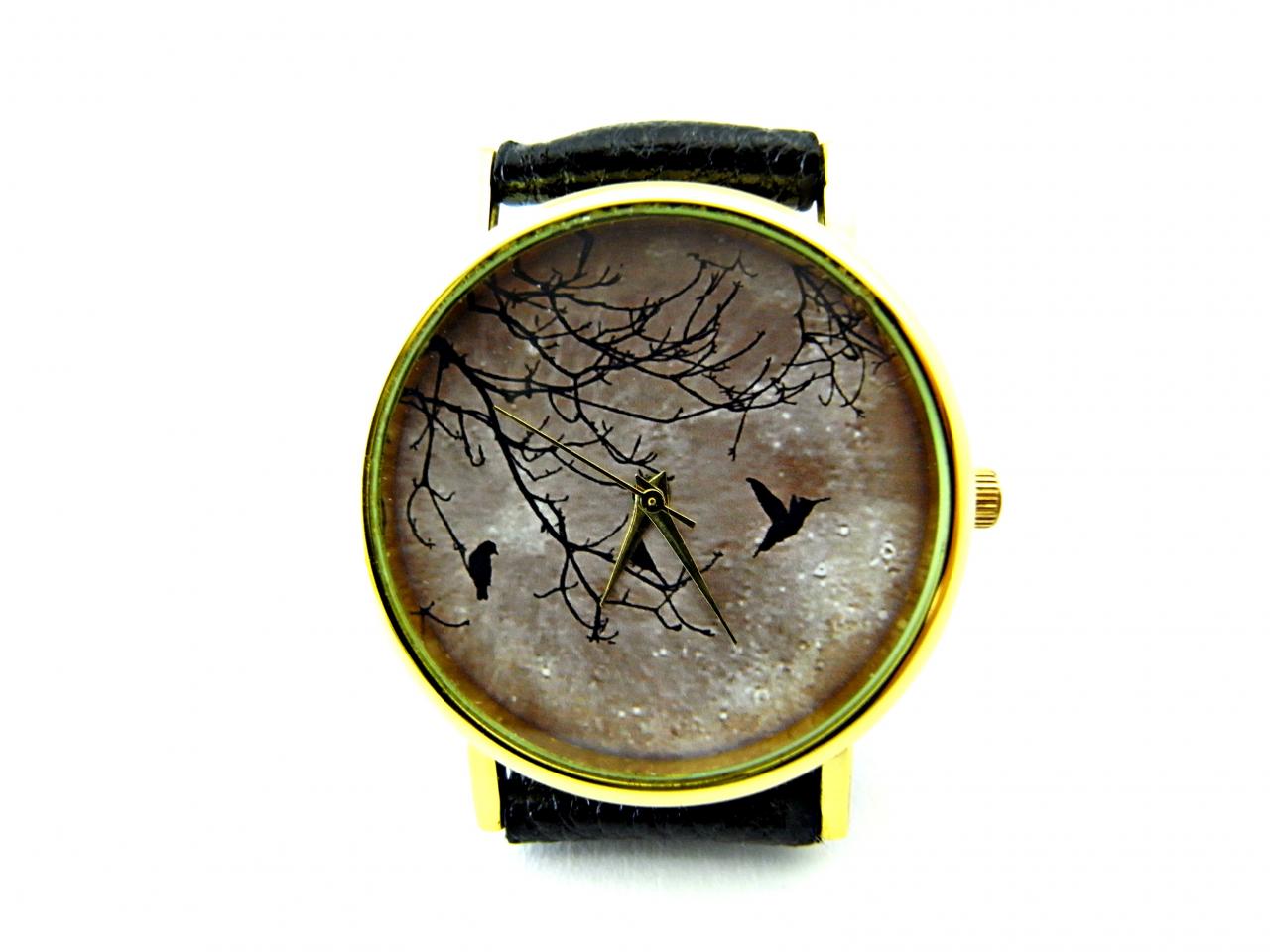 Bird And Moon Leather Wrist Watch, Woman Man Lady Unisex Watch, Genuine Leather Handmade Unique Watch #89