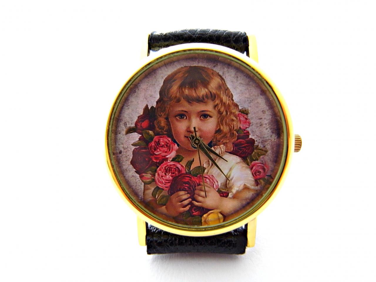 Aged Ephemera Leather Wrist Watch, Little Girl Watch, Woman Man Lady Unisex Watch, Genuine Leather Handmade Unique Watch #91