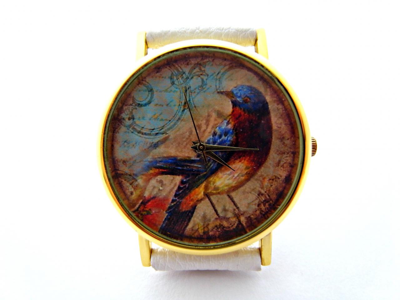 Aged Ephemera Leather Wrist Watch, Vintage Bird Watch, Woman Man Lady Unisex Watch, Genuine Leather Handmade Unique Watch #92