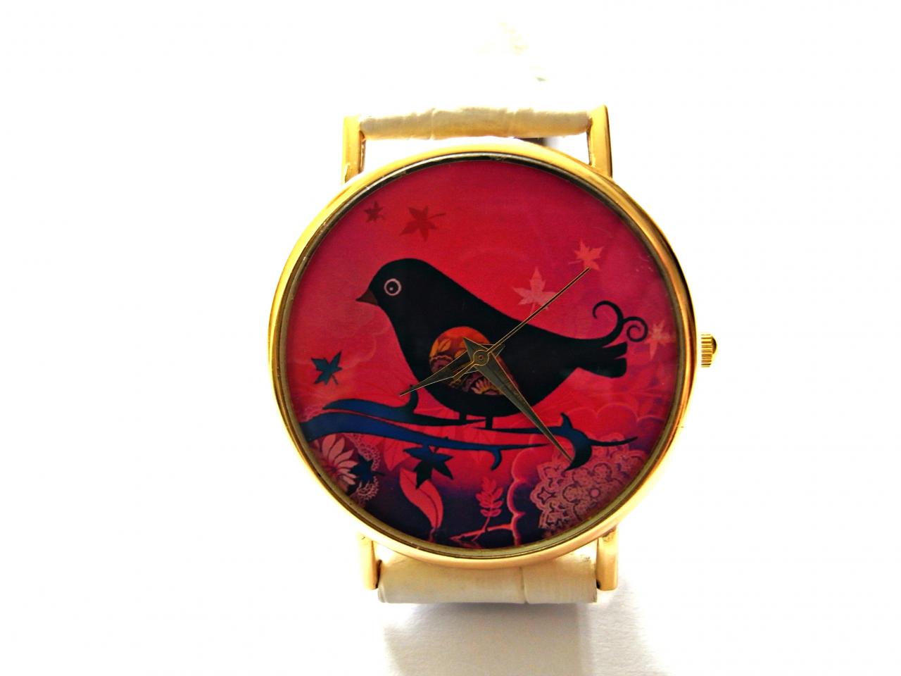 Birdle Leather Wrist Watch, Bird Watch, Woman Man Lady Unisex Watch, Genuine Leather Handmade Unique Watch #95