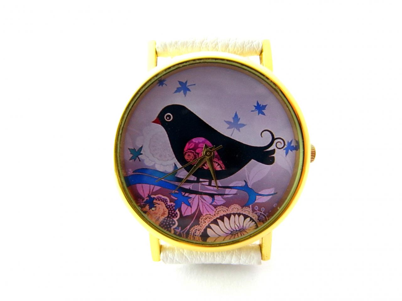 Birdle Leather Wrist Watch, Bird Watch, Woman Man Lady Unisex Watch, Genuine Leather Handmade Unique Watch #96