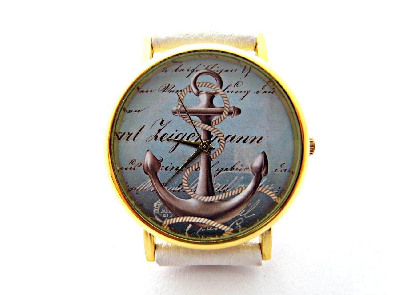 Anchor, Nautical Leather Wrist Watch, Woman Man Lady Unisex Watch, Genuine Leather Handmade Unique Watch #98