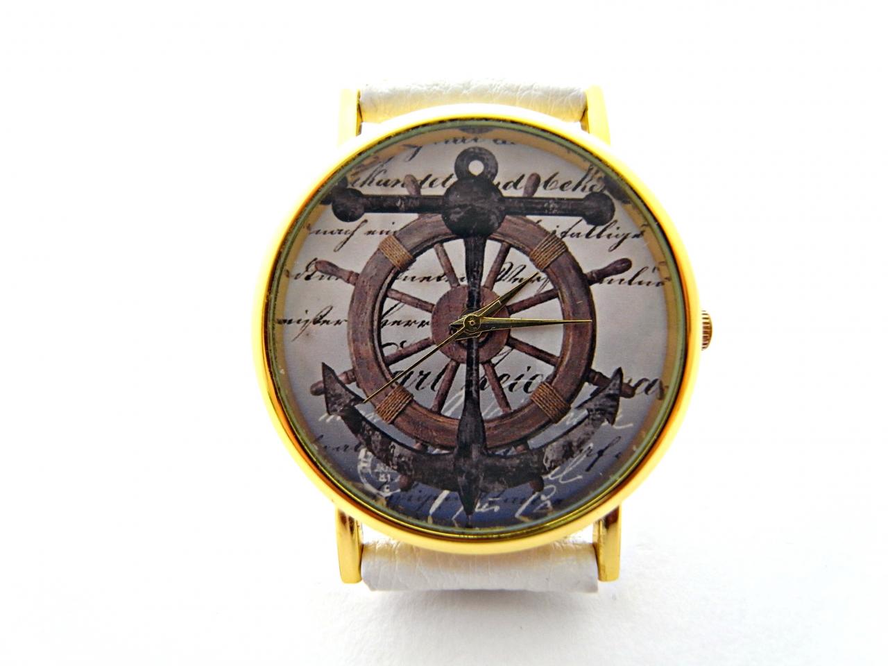 Rudder, Nautical Leather Wrist Watch, Woman Man Lady Unisex Watch, Genuine Leather Handmade Unique Watch #99