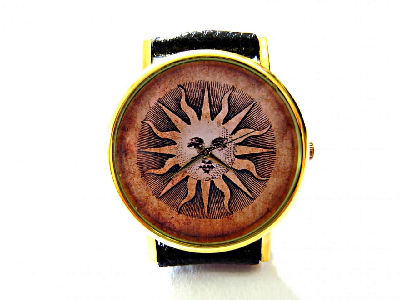 Sun, Cave Art Leather Wrist Watch, Woman Man Lady Unisex Watch, Genuine Leather Handmade Unique Watch #101