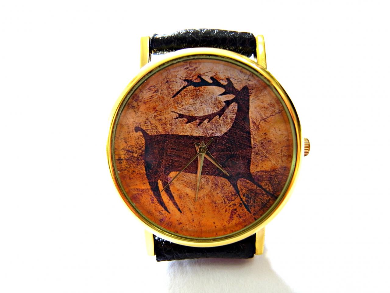 Deer, Cave Art Leather Wrist Watch, Woman Man Lady Unisex Watch, Genuine Leather Handmade Unique Watch #102
