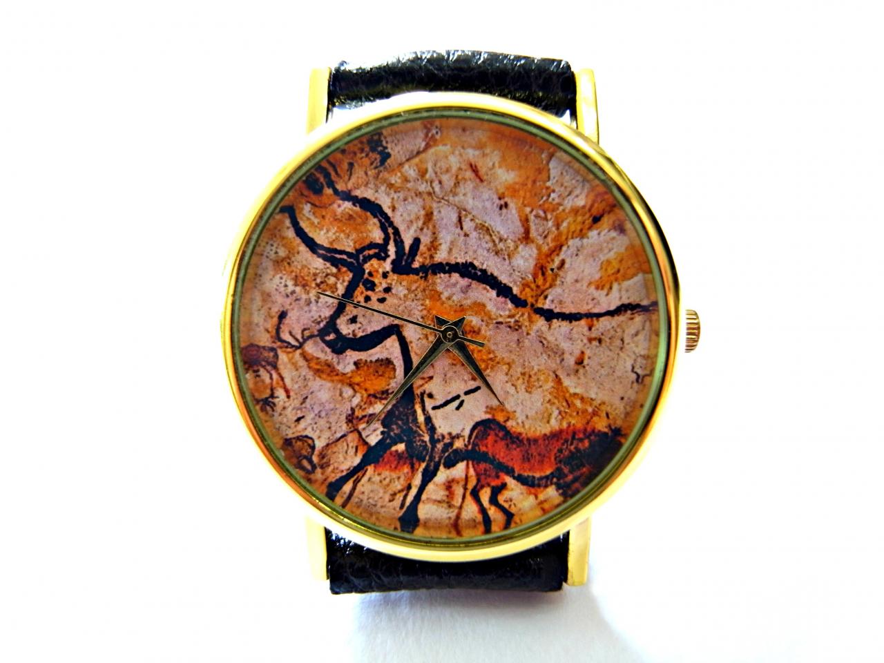 Cow, Cave Art Leather Wrist Watch, Woman Man Lady Unisex Watch, Genuine Leather Handmade Unique Watch #103