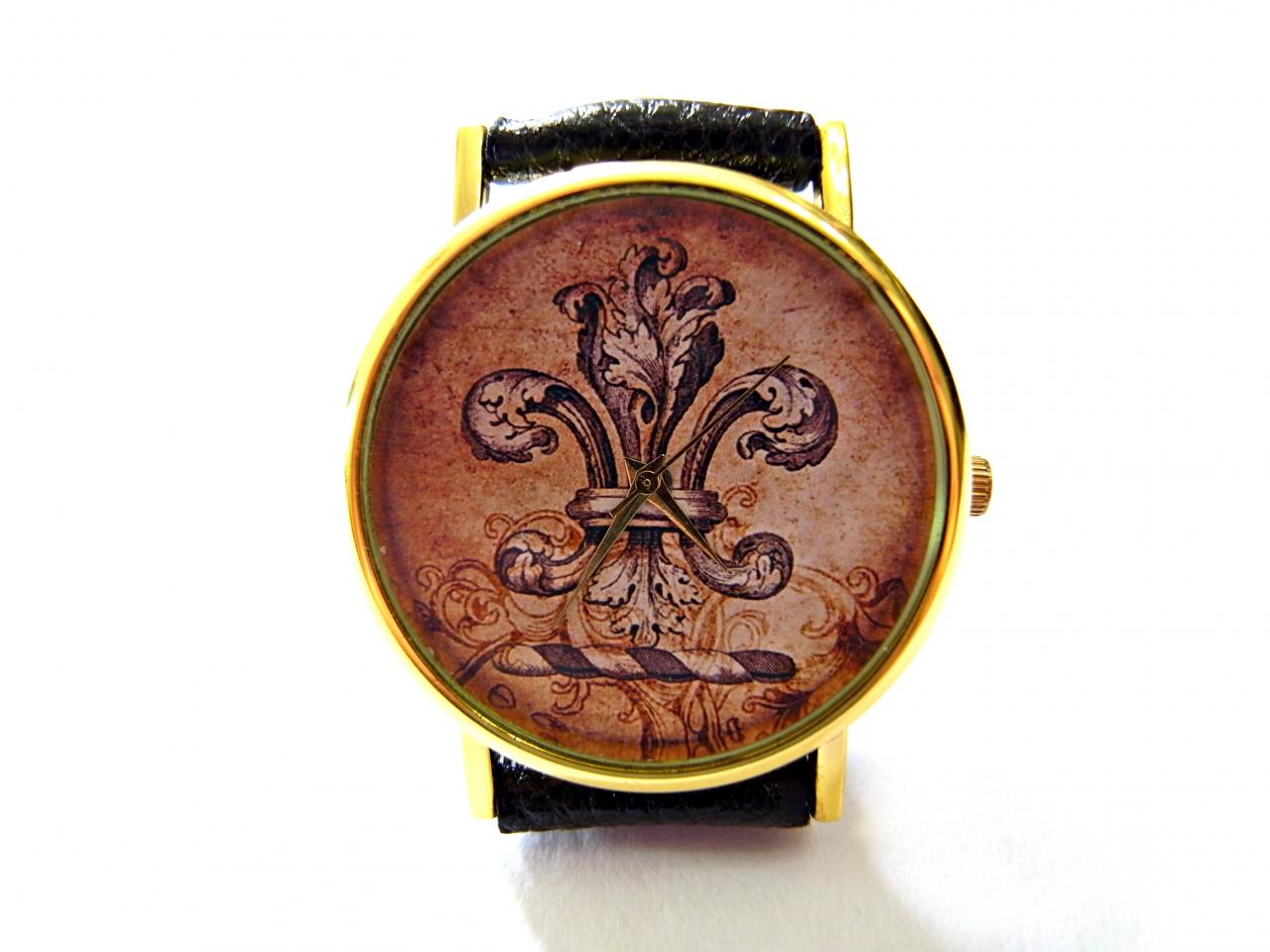 Fleur De Lis, Wisdom Circle Leather Wrist Watch, Woman Man Lady Unisex Watch, Genuine Leather Handmade Unique Watch #104