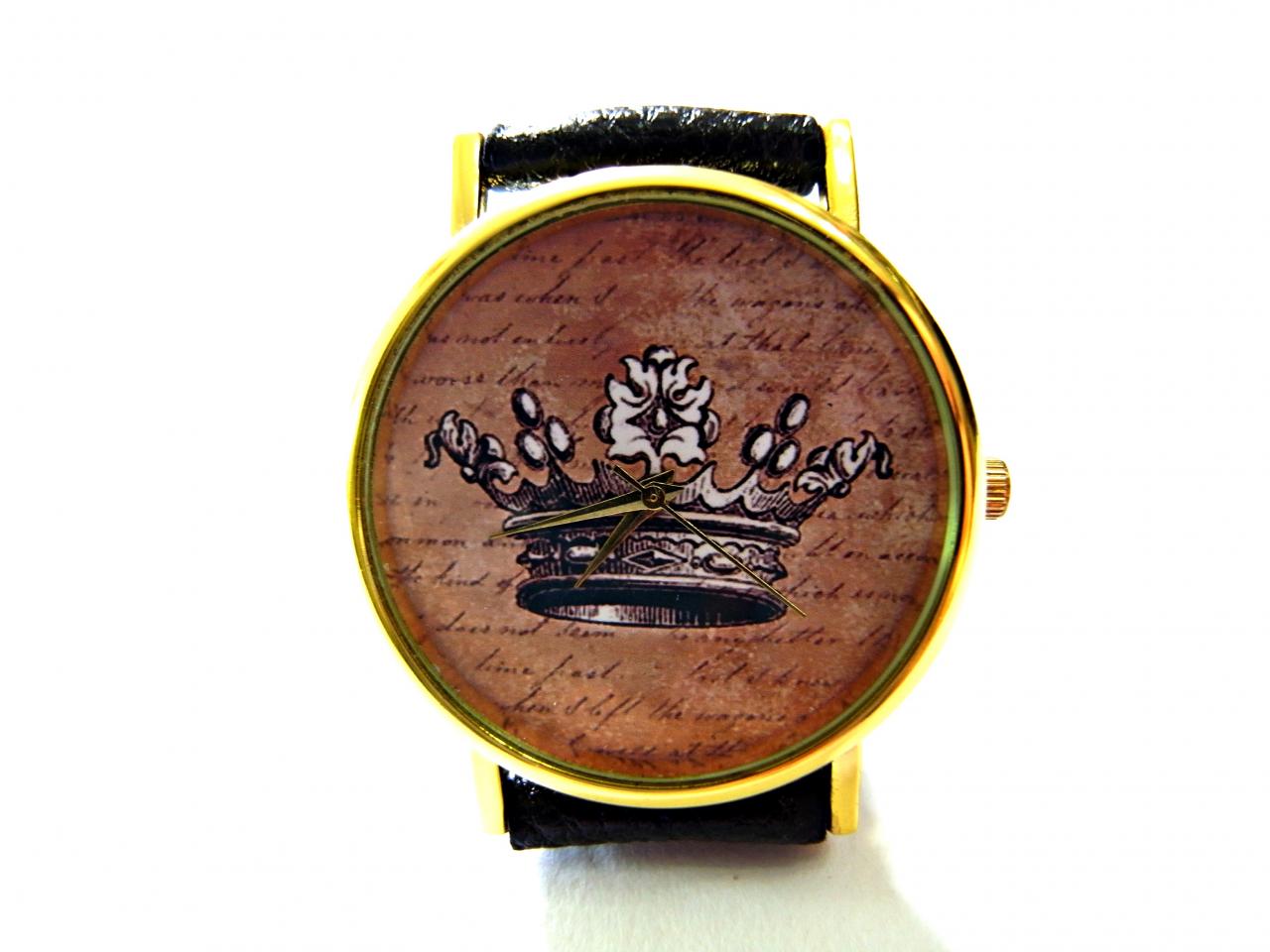 Crown, Wisdom Circle Leather Wrist Watch, Woman Man Lady Unisex Watch, Genuine Leather Handmade Unique Watch #106