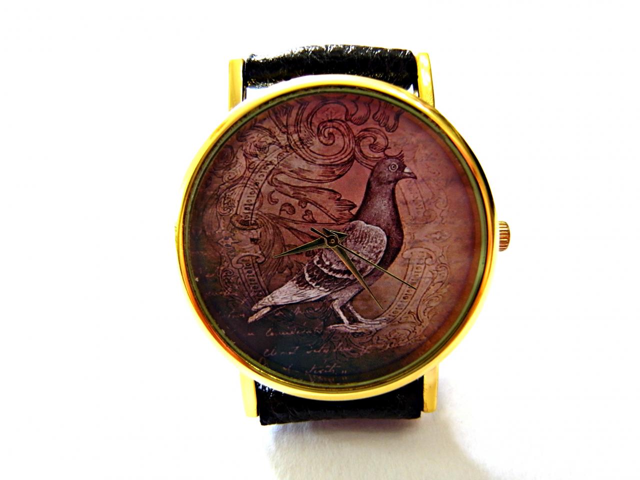 Dove, Wisdom Circle Leather Wrist Watch, Woman Man Lady Unisex Watch, Genuine Leather Handmade Unique Watch #108