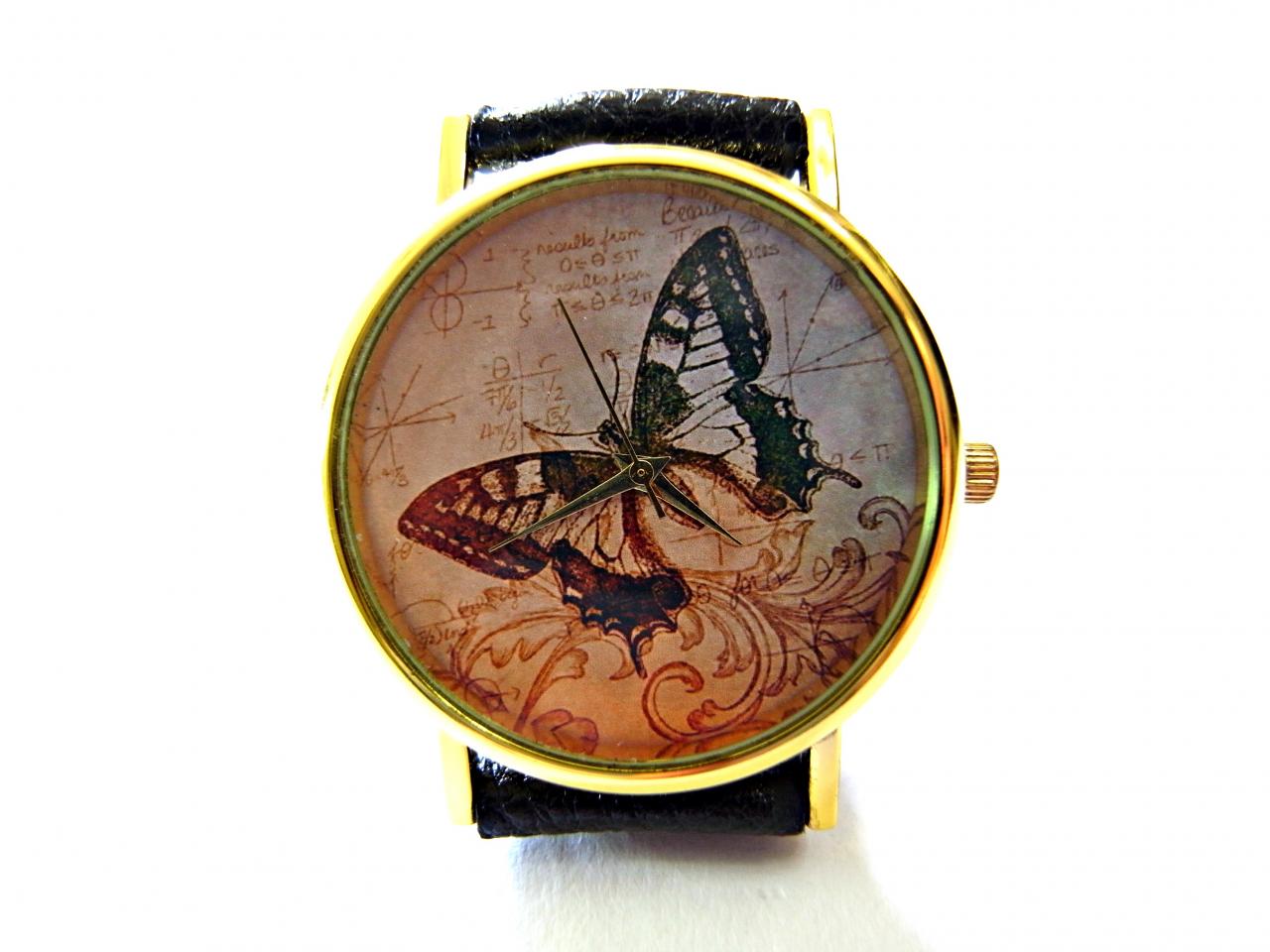 Butterfly, Wisdom Circle Leather Wrist Watch, Woman Man Lady Unisex Watch, Genuine Leather Handmade Unique Watch #109