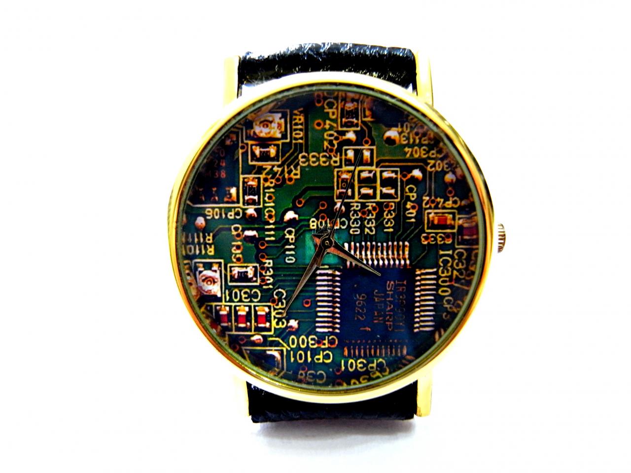 Circuit Board Leather Wrist Watch, Woman Man Lady Unisex Watch, Genuine Leather Handmade Unique Watch #116