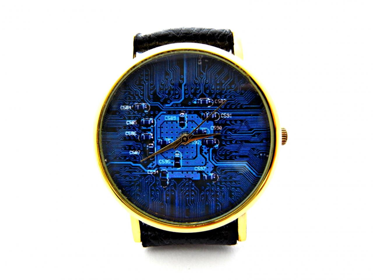 Circuit Board Leather Wrist Watch, Woman Man Lady Unisex Watch, Genuine Leather Handmade Unique Watch #117