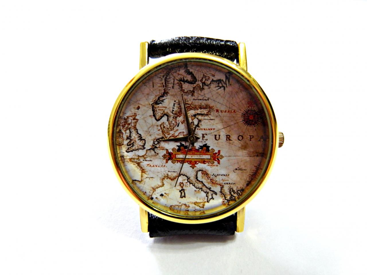 World Map Leather Wrist Watch, Woman Man Lady Unisex Watch, Genuine Leather Handmade Unique Watch #121