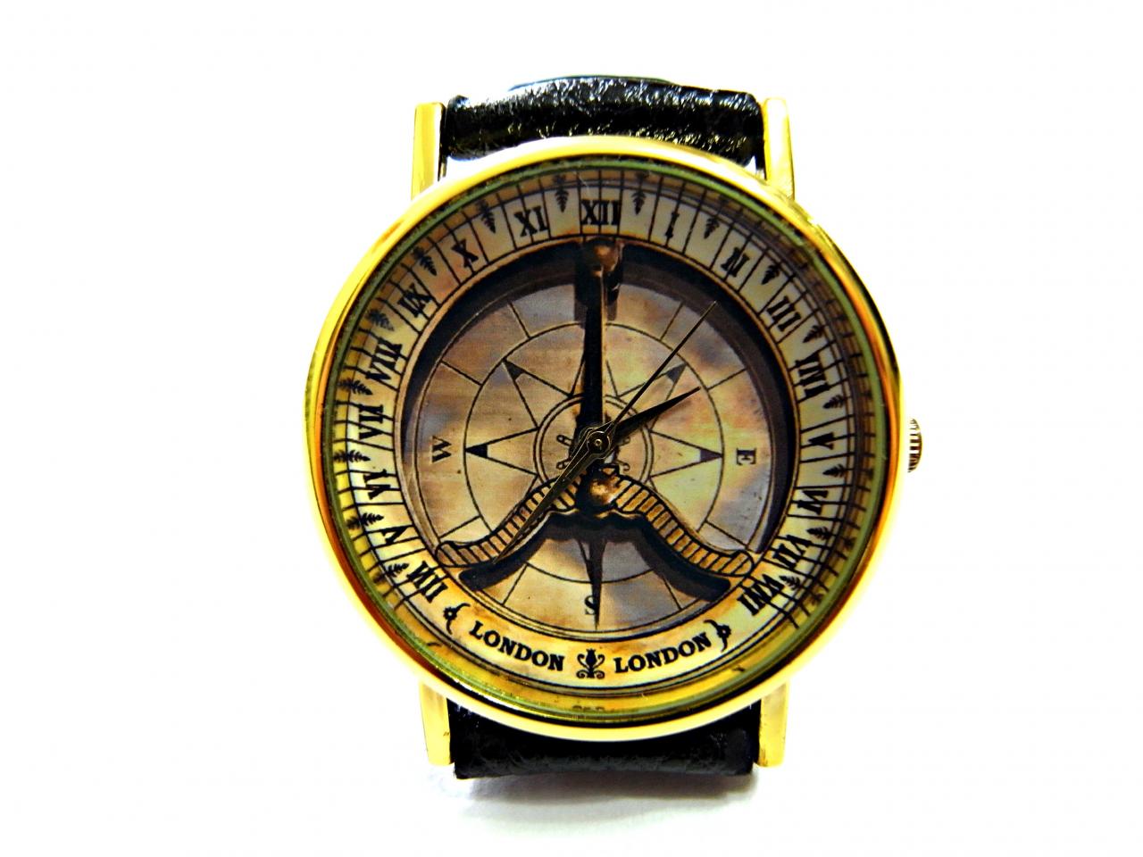 Compass Leather Wrist Watch, Woman Man Lady Unisex Watch, Genuine Leather Handmade Unique Watch #122