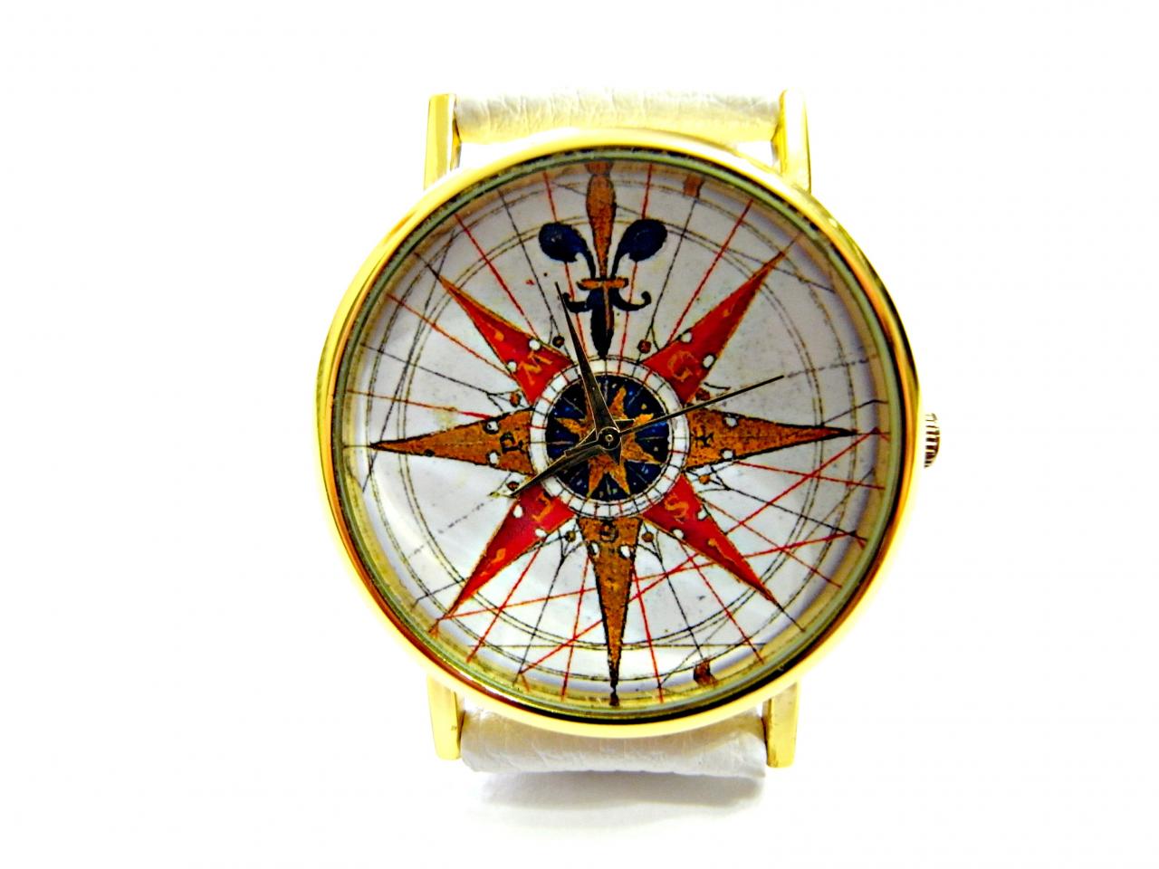 Compass Leather Wrist Watch, Woman Man Lady Unisex Watch, Genuine Leather Handmade Unique Watch #123