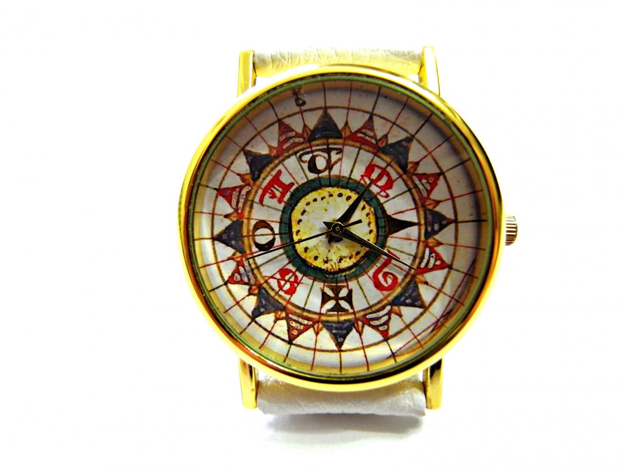 Compass Leather Wrist Watch, Woman Man Lady Unisex Watch, Genuine Leather Handmade Unique Watch #124